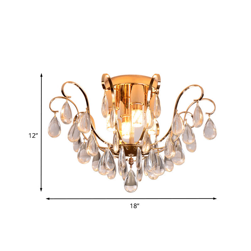 Vintage Crystal Droplet Flush Mount Chandelier - Gold Scroll Design 4-Bulb Ceiling Light Fixture For