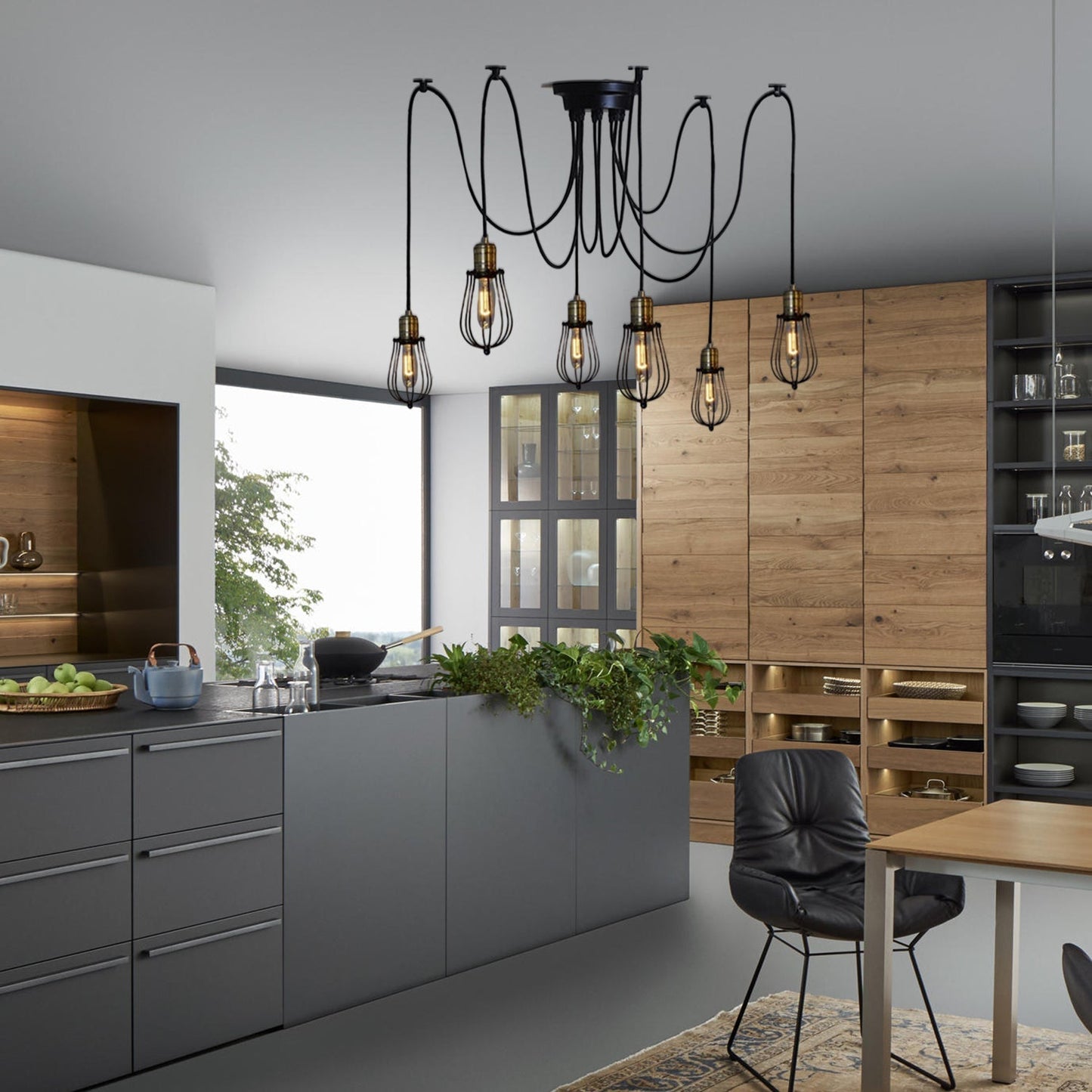 Vintage Black Spider Suspension Light With 6-Light Small Cage Shade - Kitchen Ceiling Fixture