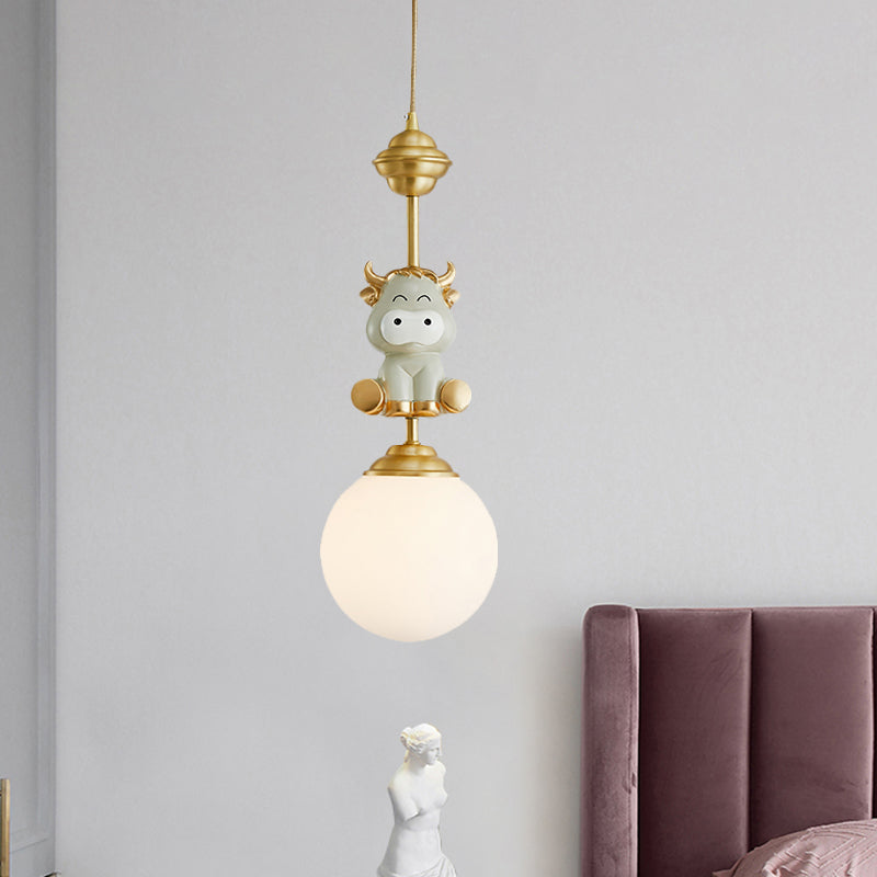 Cartoon Suspension Light: Gold Cow/Tiger Theme 1 Bulb Resin Ceiling Pendant With White Glass Shade /