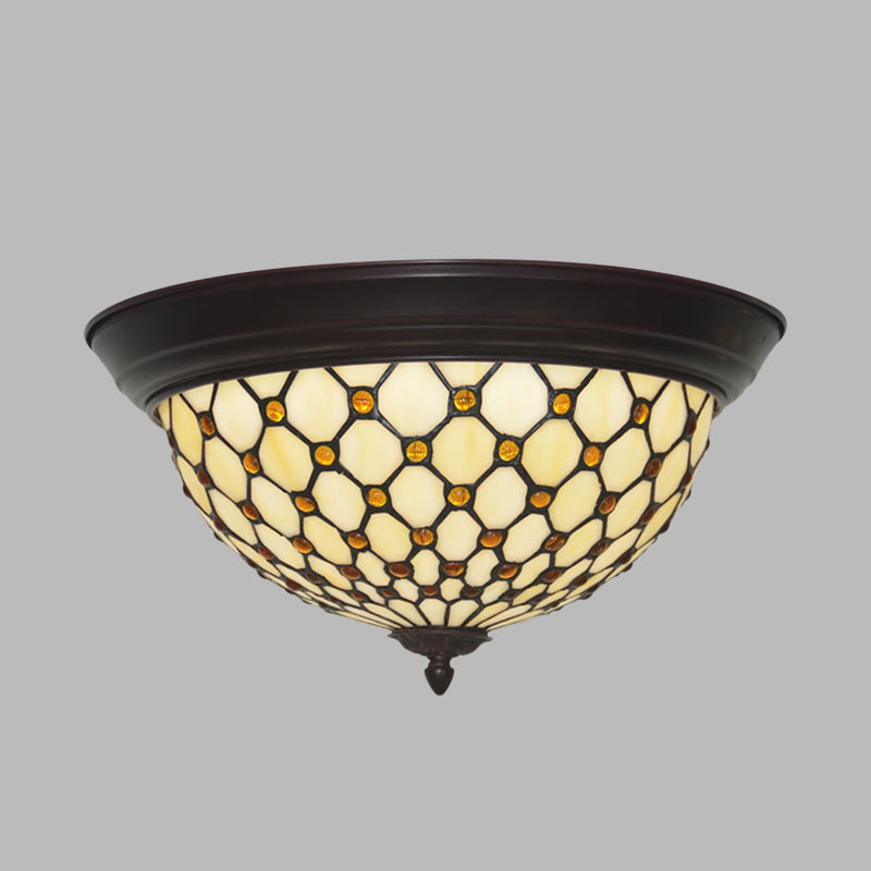 Handcrafted Beige Netting Flush Mount Lamp With Baroque Glass Led Ceiling Light