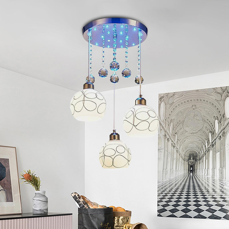 3 Bulbs Dining Room Chrome Pendulum Ceiling Light With White Glass Shade And Crystal Drop - Modern