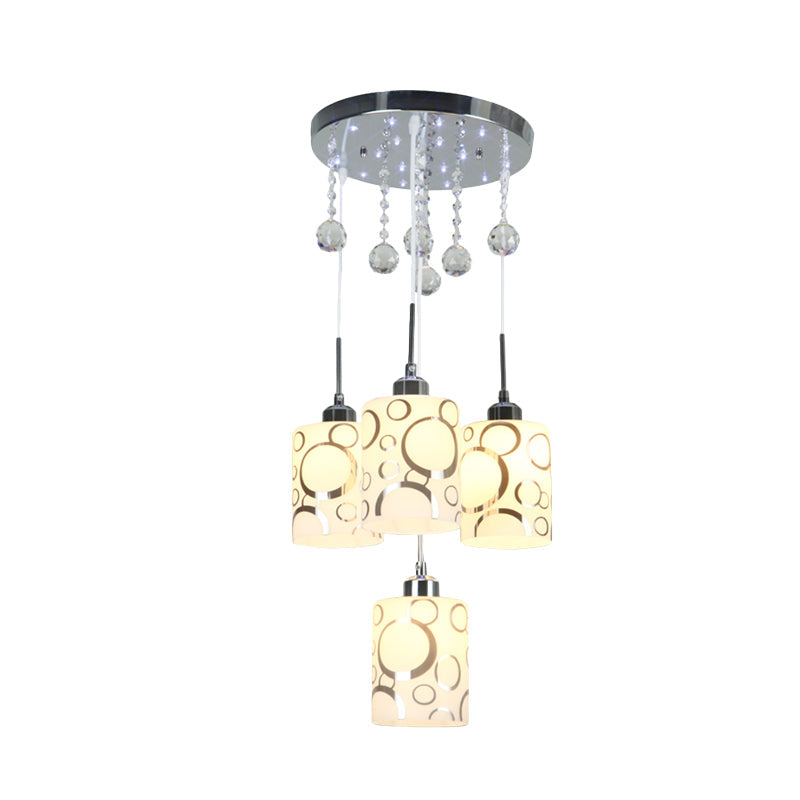 Modern Patterned Glass Cylinder Hanging Lamp With 4 Bulbs And Crystal Drip - Chrome Finish