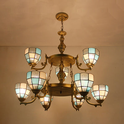 Stained Glass 2-Tier Chandelier With 9 Lights And Adjustable Chain For Living Room Lighting Blue