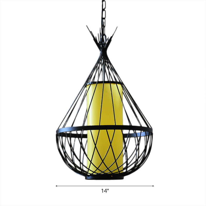 Vintage Style Black Metal Water Drop Pendant Light With Wire Frame And Chain