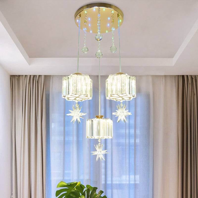 Modern Gold Pendant Light With Crystal Flower Clusters - 3 Heads Ideal For Dining Room