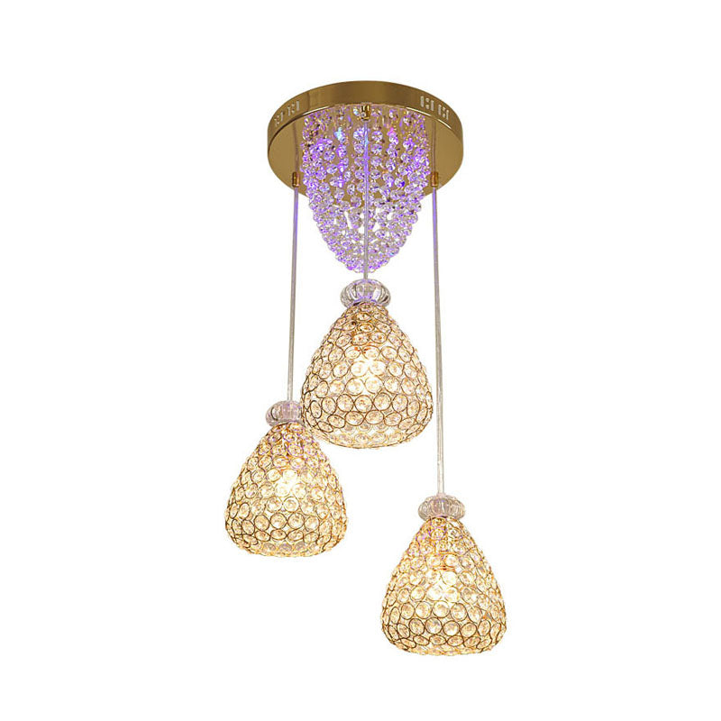 Modernist Teardrop Crystal Ceiling Lamp - 3 Head Cluster Pendant Light In Gold