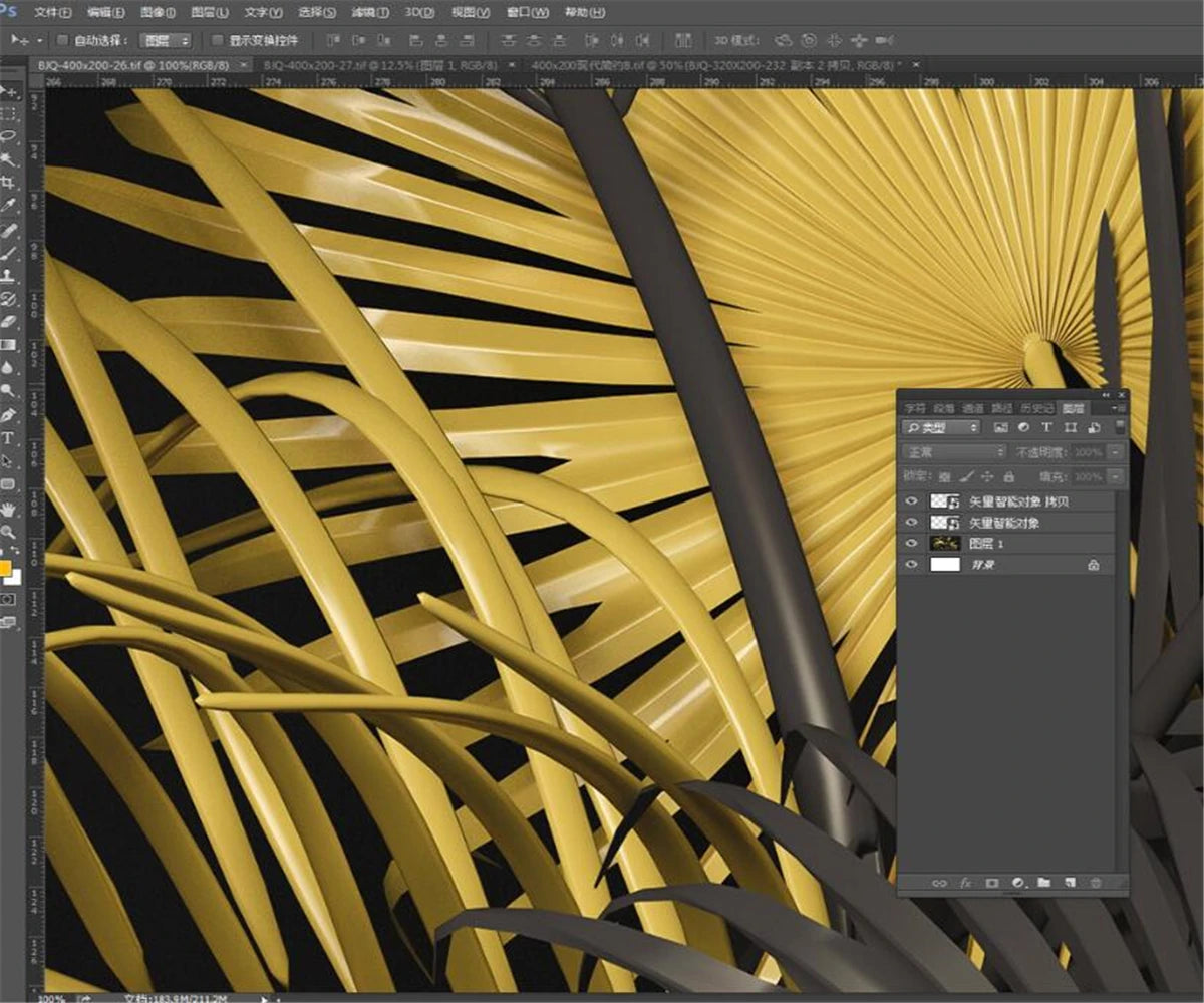 Emily's Nordic Simple Light Luxury Hand-Painted Tropical Gold Black Plant Leaf Parrot Background Wallpaper