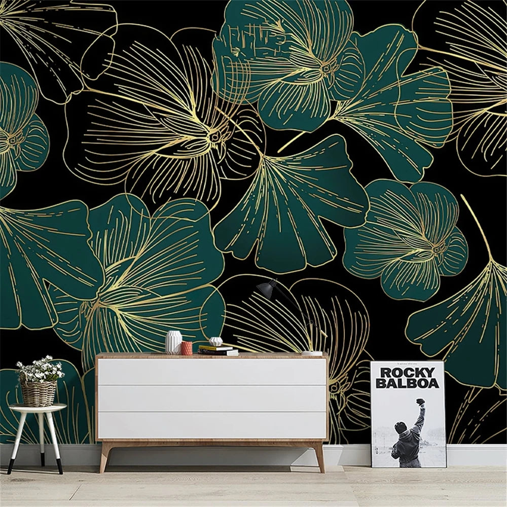 Papier peint mural personnalisé européen Ginkgo Biloba émeraude