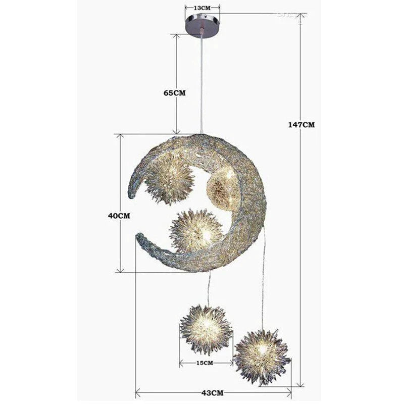 Lampe suspendue en aluminium argenté avec cordon en forme de lune et d'étoile pour chambre de fille