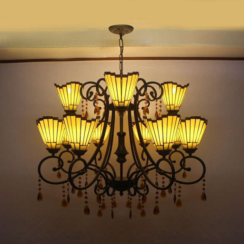 Lustre suspendu géométrique en verre teinté Country - 11 lumières, pendentifs en cristal - Jaune