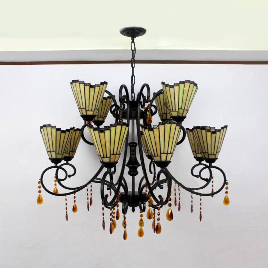 Lustre suspendu géométrique en verre teinté Country - 11 lumières, pendentifs en cristal - Jaune