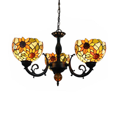 Lustre en verre teinté coloré en laiton rétro : motif floral, 3 ampoules, éclairage vibrant
