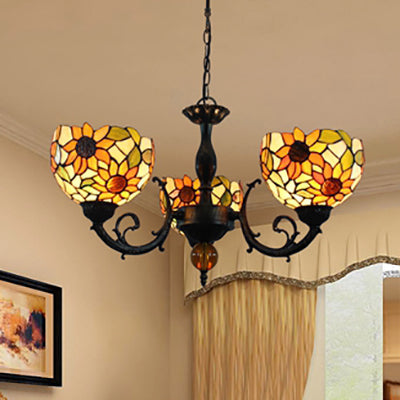 Lustre en verre teinté coloré en laiton rétro : motif floral, 3 ampoules, éclairage vibrant