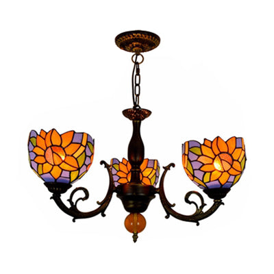 Lustre en verre teinté coloré en laiton rétro : motif floral, 3 ampoules, éclairage vibrant
