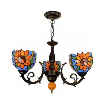 Lustre en verre teinté coloré en laiton rétro : motif floral, 3 ampoules, éclairage vibrant