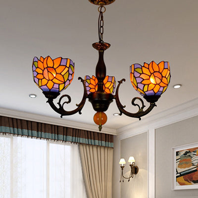 Lustre en verre teinté coloré en laiton rétro : motif floral, 3 ampoules, éclairage vibrant