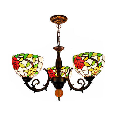Lustre en verre teinté coloré en laiton rétro : motif floral, 3 ampoules, éclairage vibrant