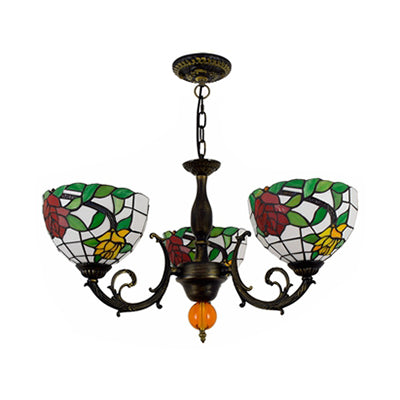 Lustre en verre teinté coloré en laiton rétro : motif floral, 3 ampoules, éclairage vibrant