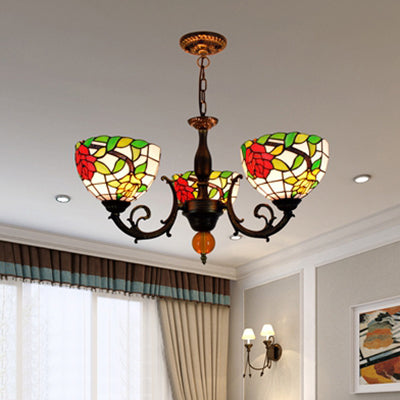 Lustre en verre teinté coloré en laiton rétro : motif floral, 3 ampoules, éclairage vibrant