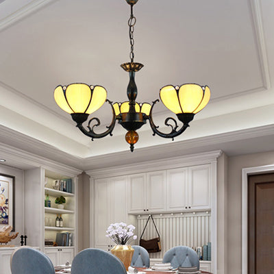 Vintage Stained Glass Pendant Light - Beige Bowl with 3 Lights, Perfect for Dining Room Décor