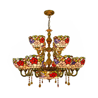 Lustre en verre teinté Tiffany à 15 lumières avec motif floral - Suspension à abat-jour en forme de dôme à 2 niveaux pour salle à manger