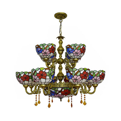Lustre en verre teinté Tiffany à 15 lumières avec motif floral - Suspension à abat-jour en forme de dôme à 2 niveaux pour salle à manger