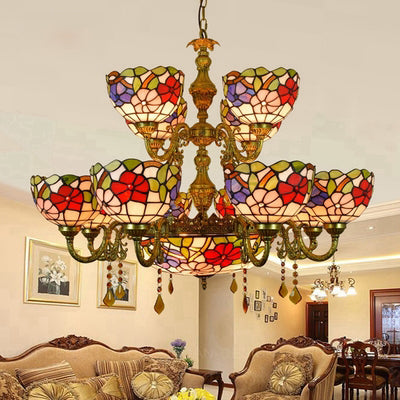 Lustre en verre teinté Tiffany à 15 lumières avec motif floral - Suspension à abat-jour en forme de dôme à 2 niveaux pour salle à manger