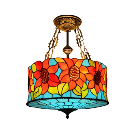 Antique Brass Led Ceiling Light With Stained Glass Shade - Victorian Semi Flush Mount For Bedrooms /
