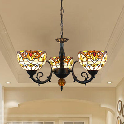 Vintage Stained Glass Chandelier With 3 Beige Bowl Shades & Chain - Bedroom Lighting