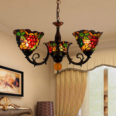 Vintage Stained Glass Chandelier with Multicolored Bell Shades and Grapes Inverted Design - 3 Lights - Industrial Style