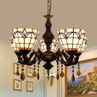 Lustre inversé en vitrail de style rétro : design en forme de dôme, 5 lumières, motif tulipe