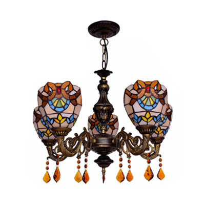 Retro Stained Glass Bowl Chandelier with Crystal Pendant - 5 Lights for Bedroom