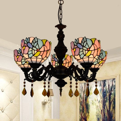 Lustre en vitrail festonné de style campagnard - Luminaire multicolore à 5 têtes pour salon