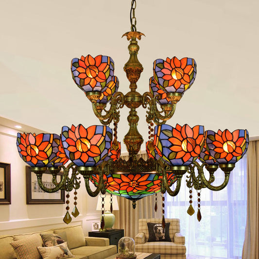 Lustre en vitrail avec 15 têtes orange et bleues pour salon