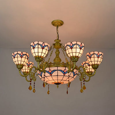 Lustre rustique en verre teinté tulipe : suspension blanche à 9 lumières avec cristal pour chambre à coucher