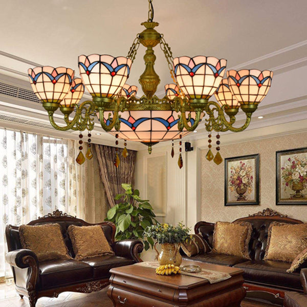 Lustre rustique en verre teinté tulipe : suspension blanche à 9 lumières avec cristal pour chambre à coucher