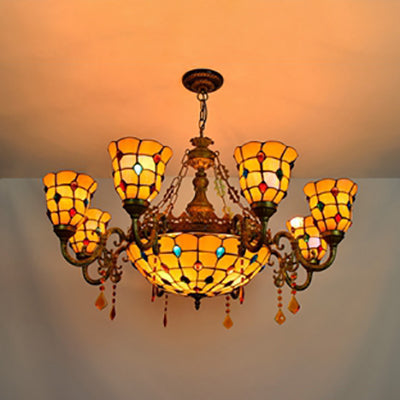 Lustre rustique en vitrail à 8 bras et bol central, jaune pour villas