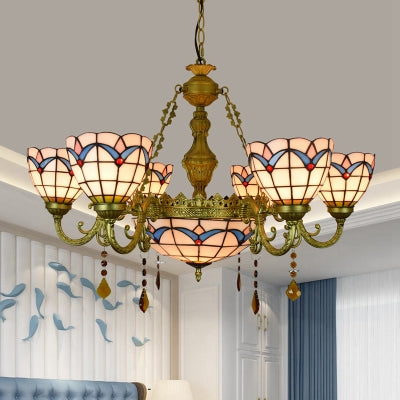Lustre tulipe en vitrail - Suspension à 7 têtes en finition laiton pour salon