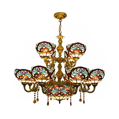 Lustre rustique en verre teinté bleu - Design bol inversé avec 15 têtes pour le salon