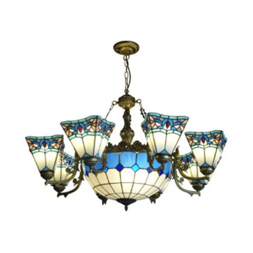 Vintage Industrial Geometric Stained Glass Pendant Light with 9 Suspended Lights for Living Room