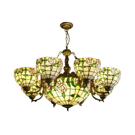 Vintage Industrial Pendant Chandelier With Stained Glass And 8 Arms For Dining Room Beige