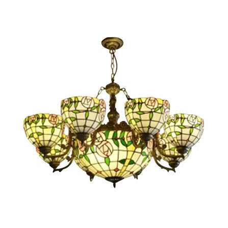 Vintage Industrial Pendant Chandelier With Stained Glass And 8 Arms For Dining Room