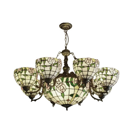 Lustre en vitrail vintage - Suspension industrielle à 8 bras avec bol central - Idéal pour la salle à manger