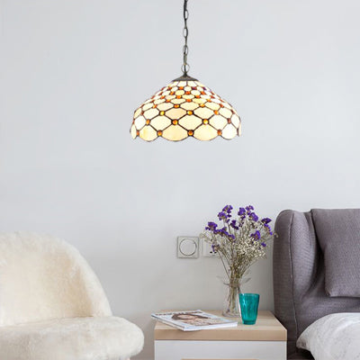 Tiffany Multicolored Stained Glass Dome Pendant Light: White Single Bulb Hanging Lamp for Living Room