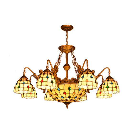 Lustre en verre teinté Tiffany à 15 lampes en forme de dôme beige