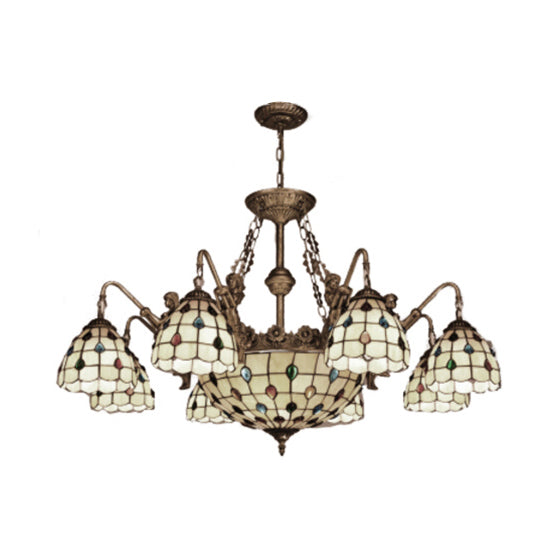 Lustre en verre teinté Tiffany à 15 lampes en forme de dôme beige
