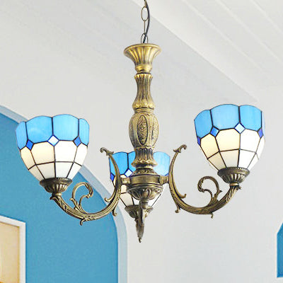 Lustre à 3 lumières en verre teinté bleu Tiffany avec abat-jour en forme de bol