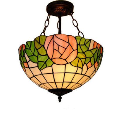 Suspension élégante de style Tiffany avec 3 lumières - Verre rose et vert, motif rose