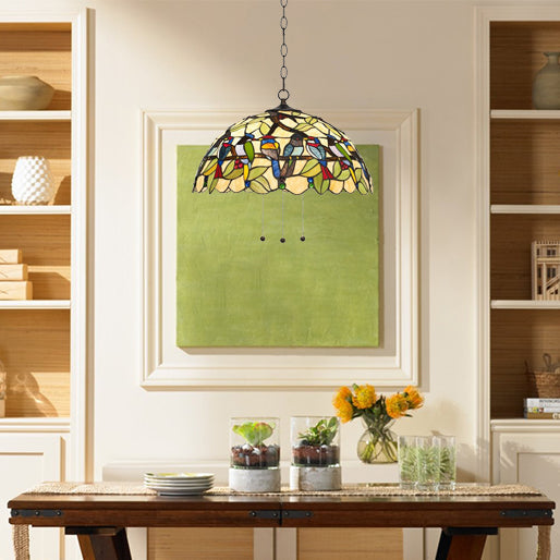 Tropical Bird Pendant Ceiling Light - Green Tiffany Stained Glass Hanging Lamp for Dining Room