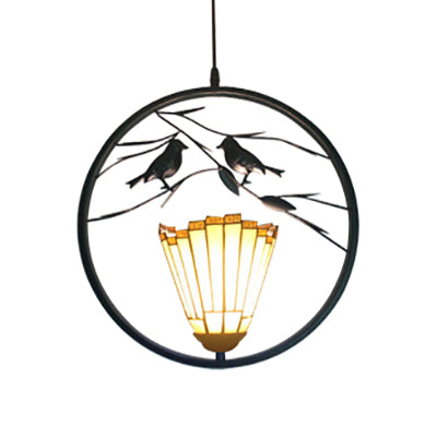 Tiffany Style Beige Stainless Glass Ceiling Pendant Light Kit with Metal Ring